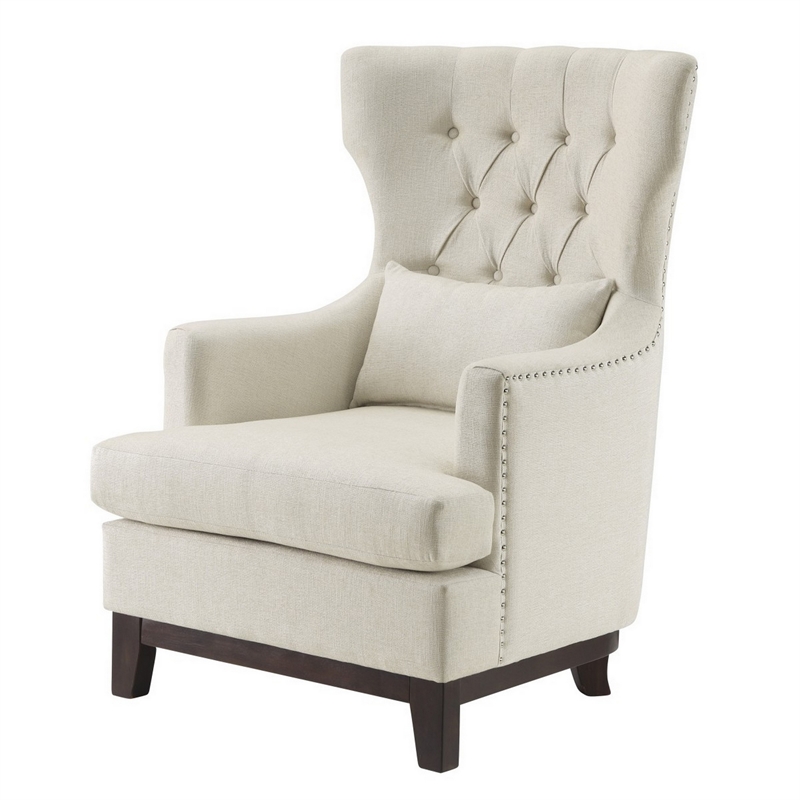 Pemberly Row 34 Inch Accent Armchair 1 Lumbar Pillow Gray Wingback Button Tufted