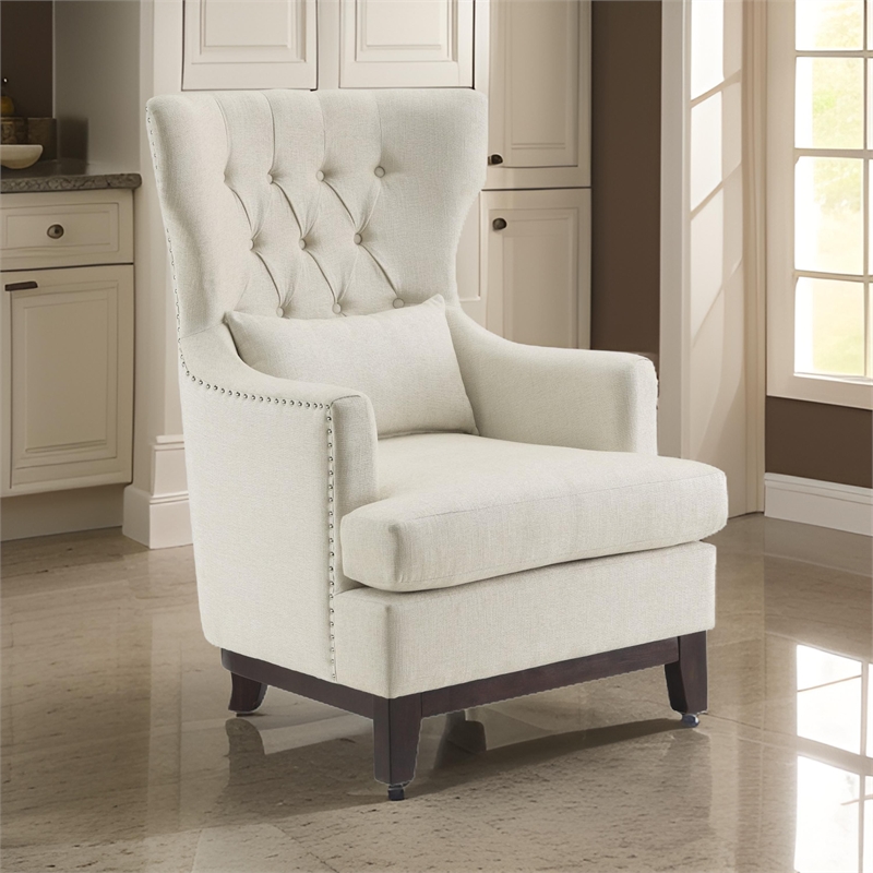 Pemberly Row 34 Inch Accent Armchair 1 Lumbar Pillow Gray Wingback Button Tufted