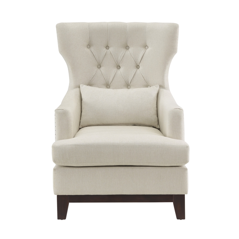 Pemberly Row 34 Inch Accent Armchair 1 Lumbar Pillow Gray Wingback Button Tufted