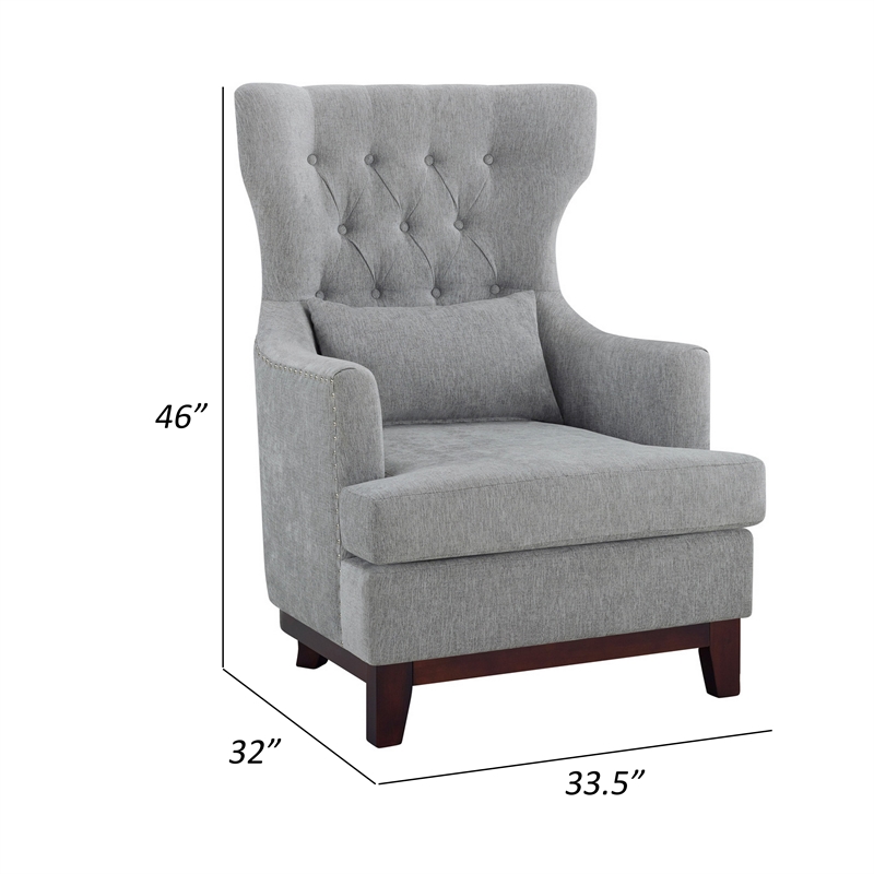 Pemberly Row 34 Inch Accent Armchair 1 Lumbar Pillow Gray Wingback Button Tufted