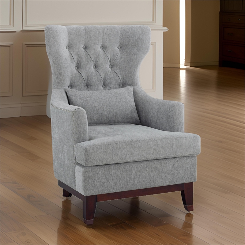 Pemberly Row 34 Inch Accent Armchair 1 Lumbar Pillow Gray Wingback Button Tufted