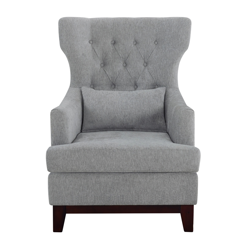 Pemberly Row 34 Inch Accent Armchair 1 Lumbar Pillow Gray Wingback Button Tufted