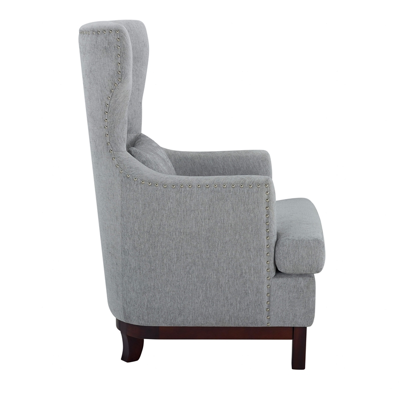Pemberly Row 34 Inch Accent Armchair 1 Lumbar Pillow Gray Wingback Button Tufted