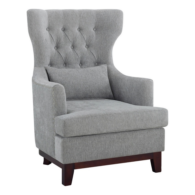 Pemberly Row 34 Inch Accent Armchair 1 Lumbar Pillow Gray Wingback Button Tufted