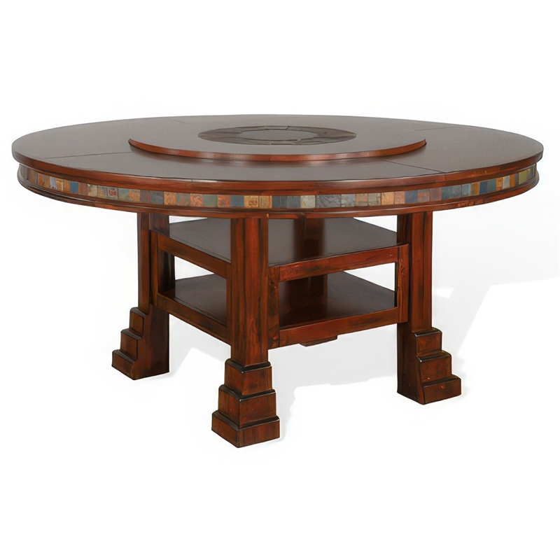Pemberly Row Dining Table with Lazy Susan 2 Shelves 60 Inch Round Dark Brown