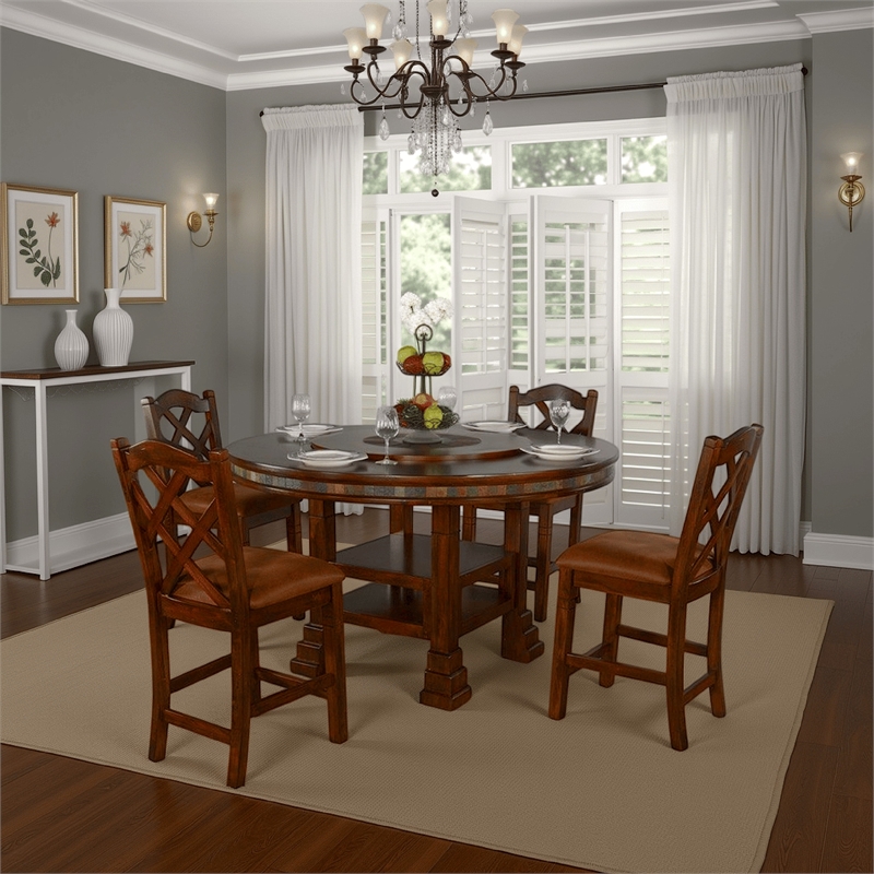 Pemberly Row Dining Table with Lazy Susan 2 Shelves 60 Inch Round Dark Brown