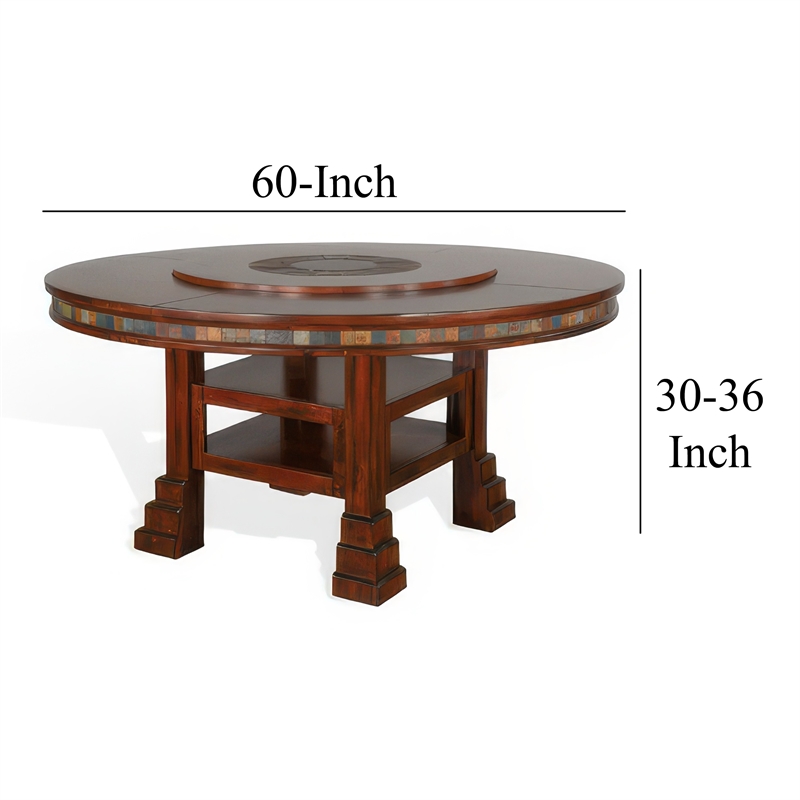 Pemberly Row Dining Table with Lazy Susan 2 Shelves 60 Inch Round Dark Brown