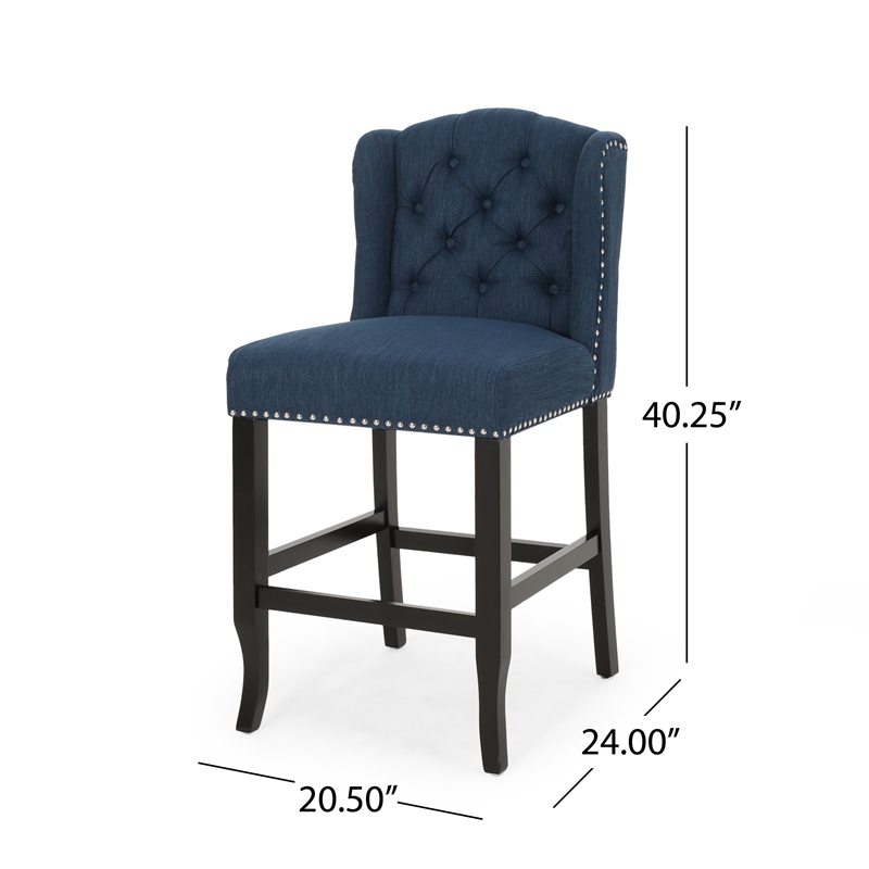 Pemberly Row Counter Height Chair 2Pc Tufted Wingback Nailhead Trim in Navy Blue
