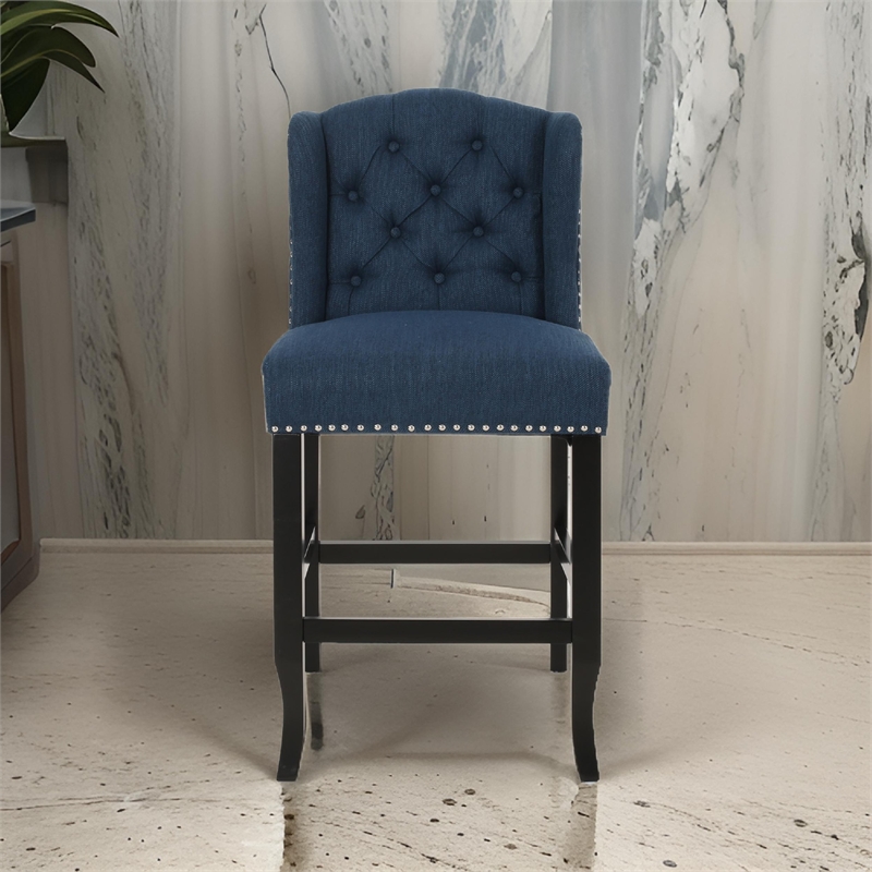 Pemberly Row Counter Height Chair 2Pc Tufted Wingback Nailhead Trim in Navy Blue