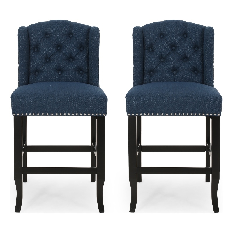 Pemberly Row Counter Height Chair 2Pc Tufted Wingback Nailhead Trim in Navy Blue