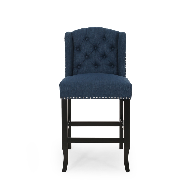 Pemberly Row Counter Height Chair 2Pc Tufted Wingback Nailhead Trim in Navy Blue