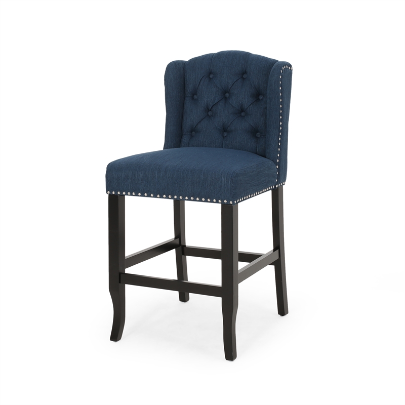 Pemberly Row Counter Height Chair 2Pc Tufted Wingback Nailhead Trim in Navy Blue