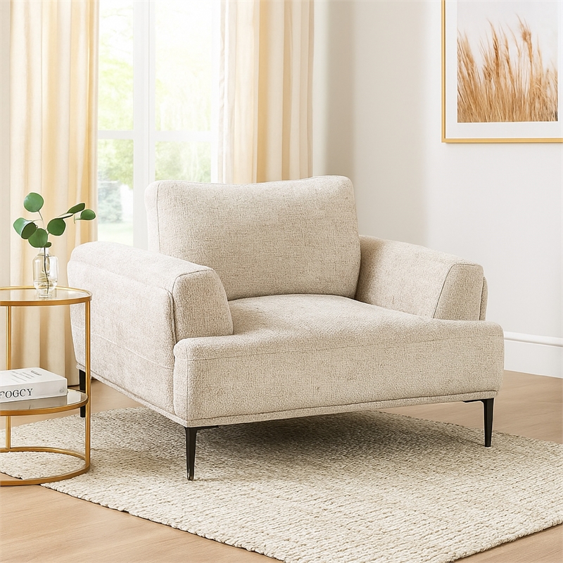Pemberly Row Accent Chair in Light Brown Chenille Attached Adjustable Back