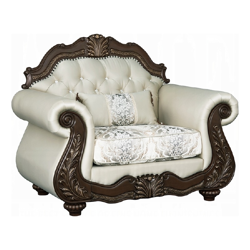 Pemberly Row Accent Chair Floral Classic in Cherry Brown Wood Beige 1 Pillow