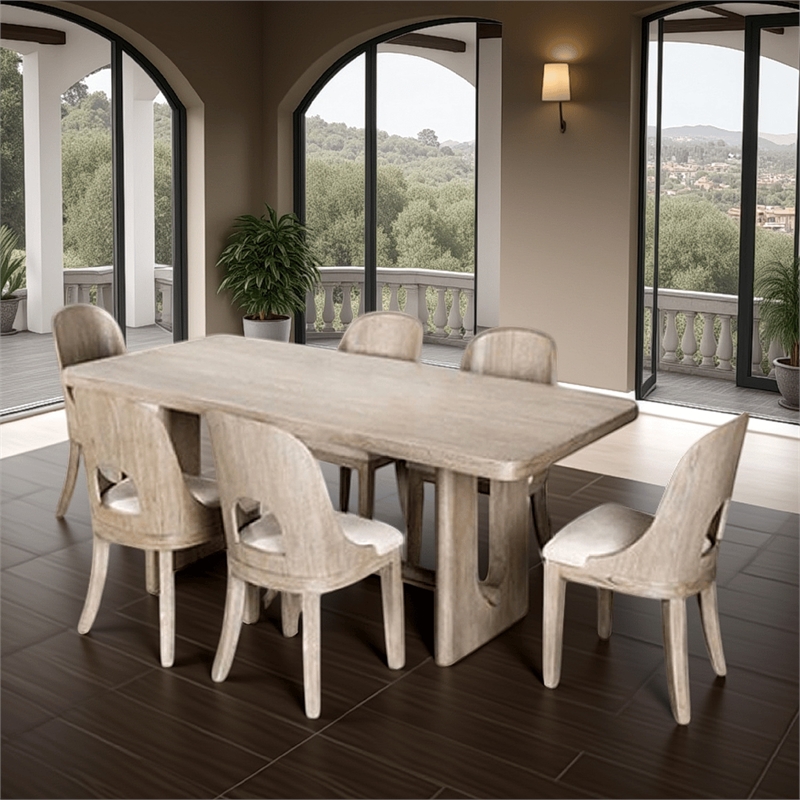 Pemberly Row 7 Piece Dining Table Set Polyester Cushion Seats White Wash Wood