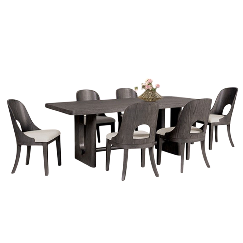 Pemberly Row 7 Pc Dining Table Set White Polyester Chairs in Ash Gray Rubberwood