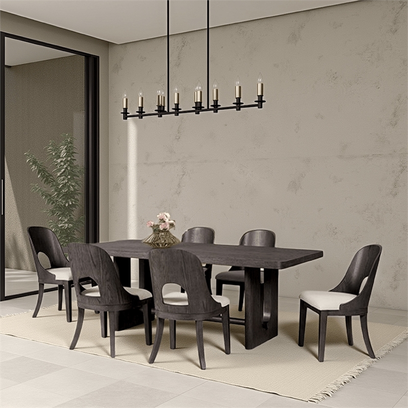 Pemberly Row 7 Pc Dining Table Set White Polyester Chairs in Ash Gray Rubberwood