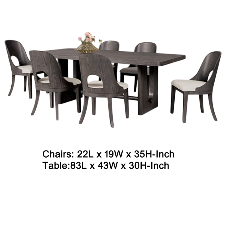 Pemberly Row 7 Pc Dining Table Set White Polyester Chairs in Ash Gray Rubberwood