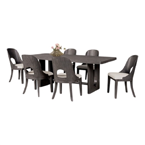 Pemberly Row 7 Pc Dining Table Set White Polyester Chairs in Ash Gray Rubberwood