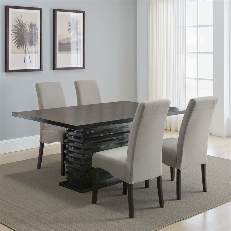 Pemberly Row 5 Piece Dining Table and 4 Chairs Set Black Pedestal Base Gray