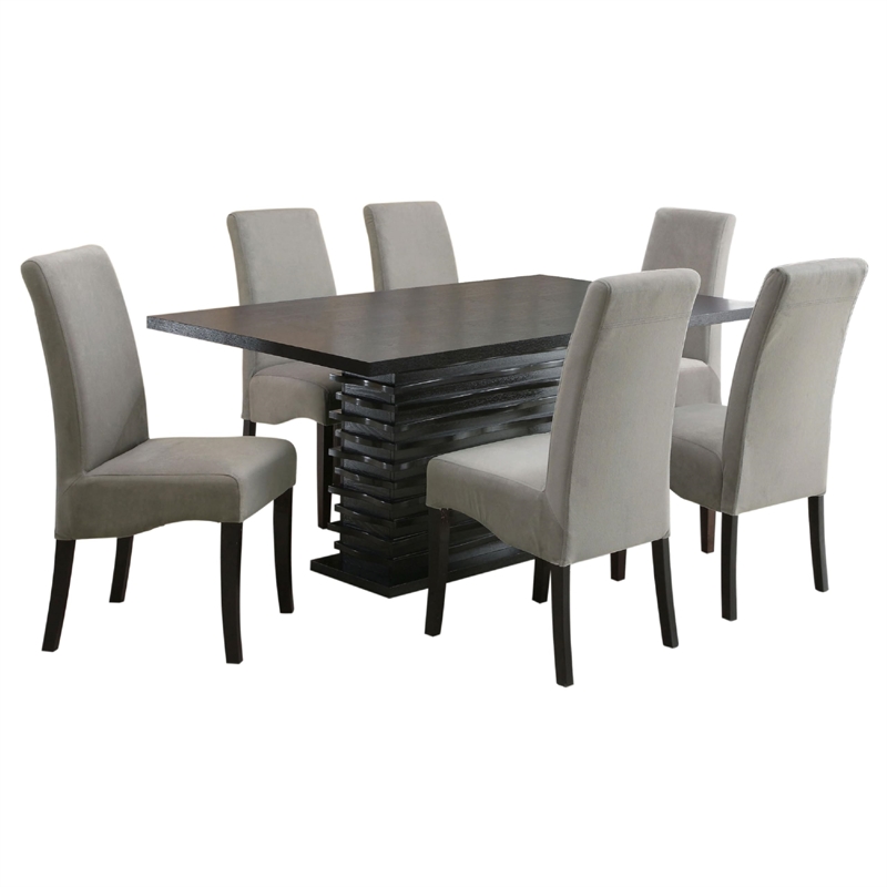 Pemberly Row 7 Piece Dining Table and 6 Chairs Set Black Pedestal Base Gray