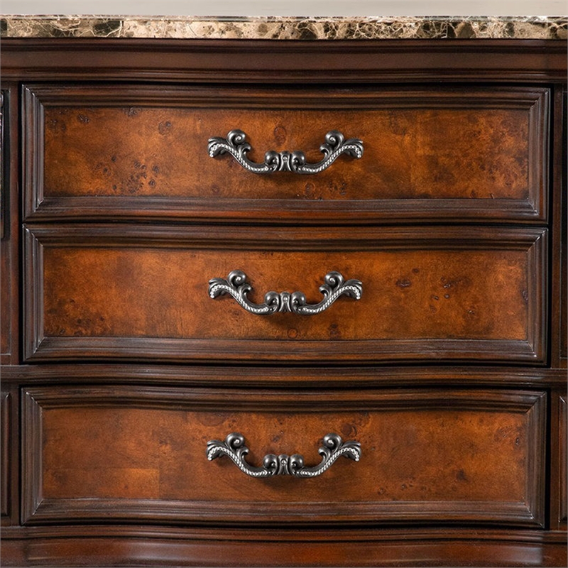 Pemberly Row 33 Inch Nightstand 3 Drawers Ornate in Oak and Dark Cherry Brown