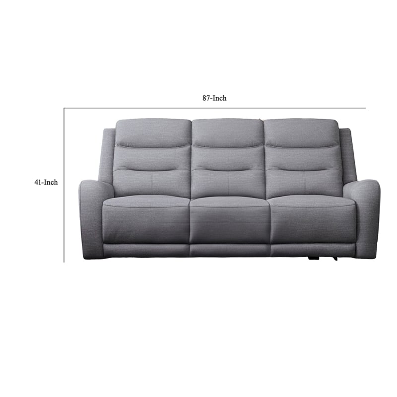 Pemberly Row 87 Inch Manual Recliner Sofa Scroll Arms in Solid Wood Gray Fabric