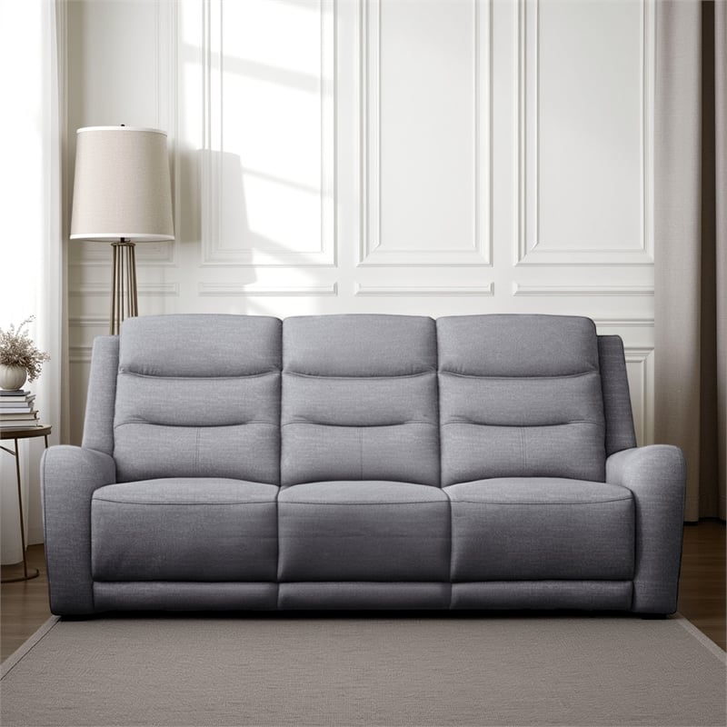 Pemberly Row 87 Inch Manual Recliner Sofa Scroll Arms in Solid Wood Gray Fabric