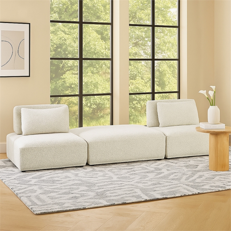 Pemberly Row 2 Seat Modular Sofa Square Ottoman in Gray Boucle Adjustable Back