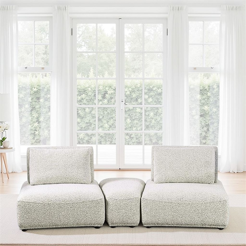 Pemberly Row Modular Curved 2 Seat Sofa Ottoman in Gray Boucle Adjustable Back