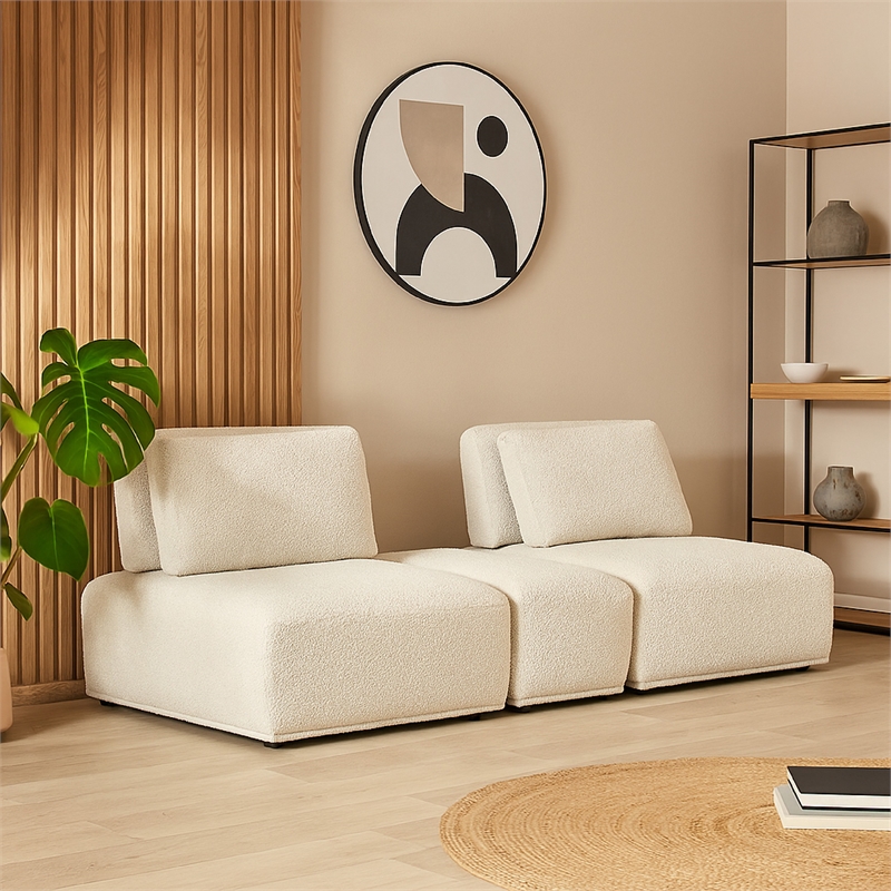 Pemberly Row Modular 2 Seat Sofa Small Ottoman in Light Gray Adjustable Back