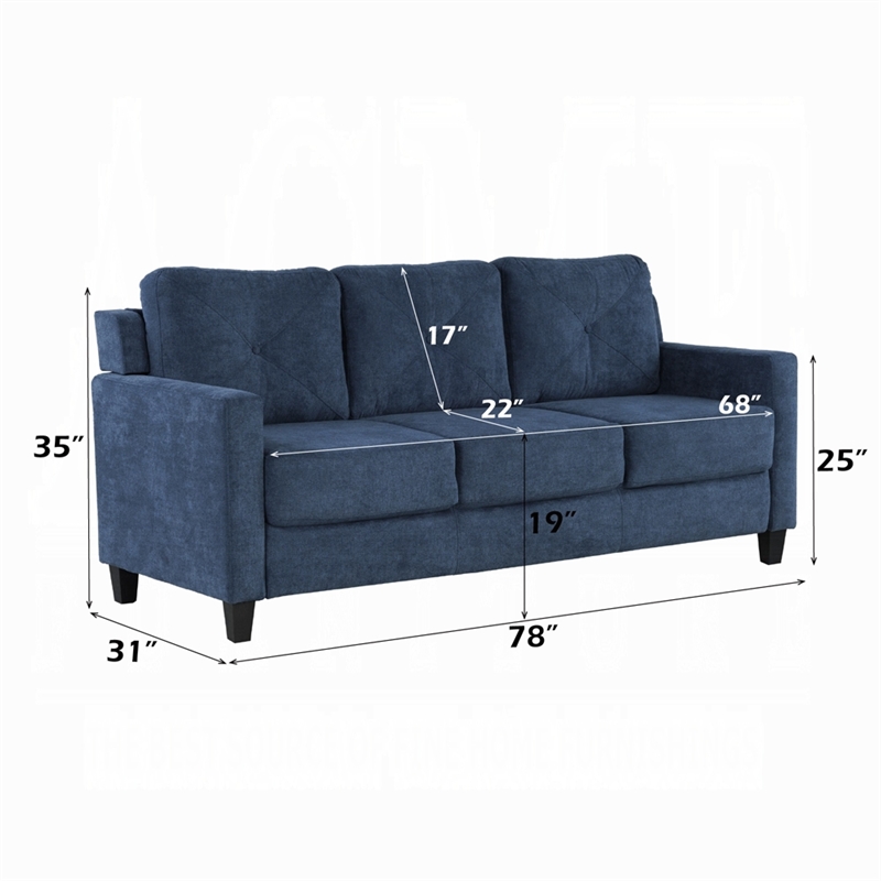 Pemberly Row 78 Inch Sofa Track Armrest in Blue Fabric Seat with Tufted Backrest