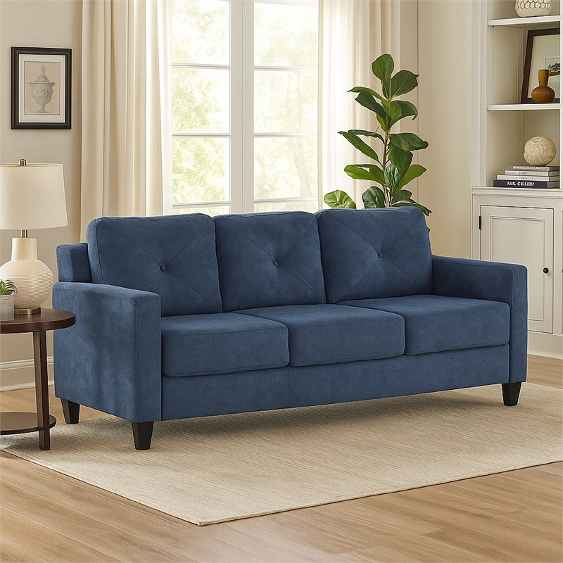 Pemberly Row 78 Inch Sofa Track Armrest in Blue Fabric Seat with Tufted Backrest