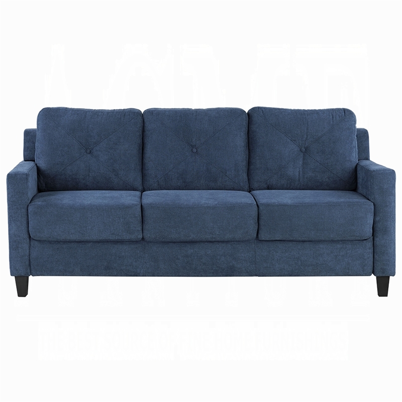 Pemberly Row 78 Inch Sofa Track Armrest in Blue Fabric Seat with Tufted Backrest