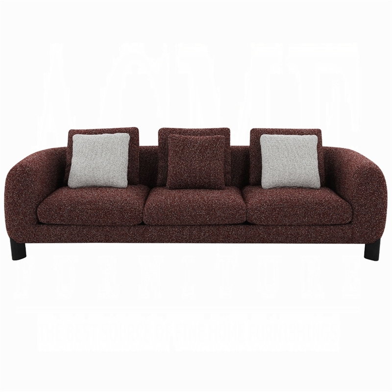 Pemberly Row 109 Inch Sofa with 3 Accent Pillows in Maroon Wine Red Tweed Fabric
