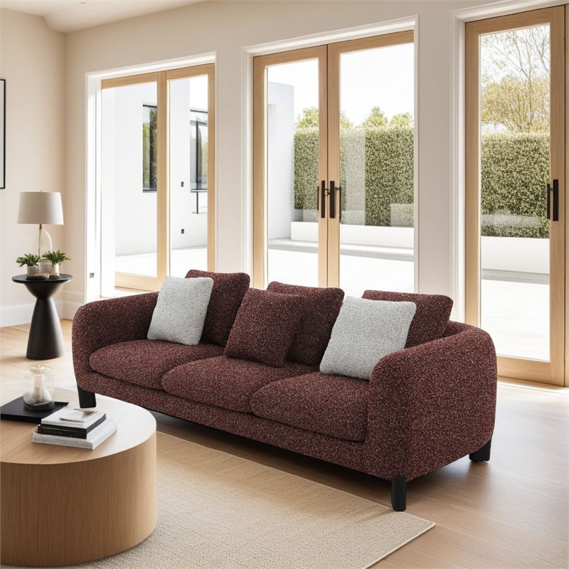 Pemberly Row 109 Inch Sofa with 3 Accent Pillows in Maroon Wine Red Tweed Fabric