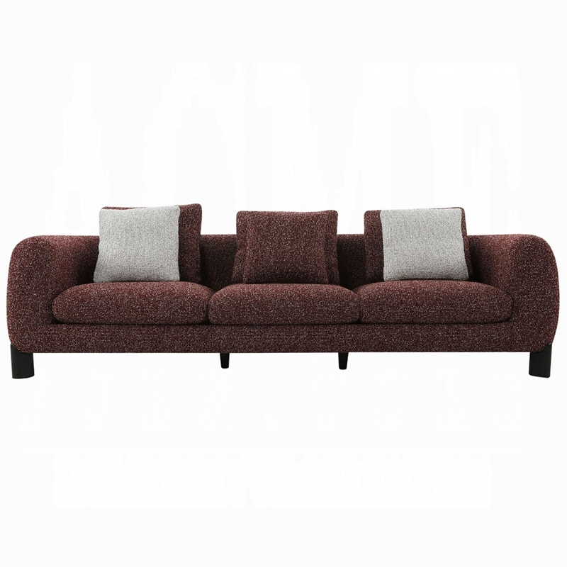 Pemberly Row 109 Inch Sofa with 3 Accent Pillows in Maroon Wine Red Tweed Fabric