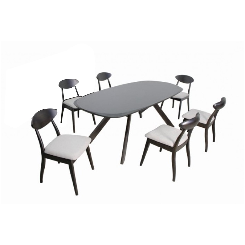 Pemberly Row 7 Piece Dining Table Set 6 Fabric Chairs 3D Cut Edges Black Wood
