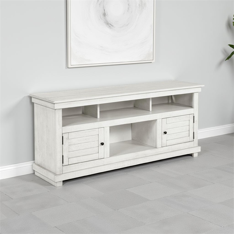 Pemberly Row 60 Inch TV Stand Media Cabinet 2 Doors 4 Shelves in White Wood