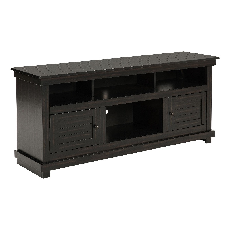 Pemberly Row 60 Inch TV Stand Media Cabinet 2 Doors 4 Shelves in Black Wood