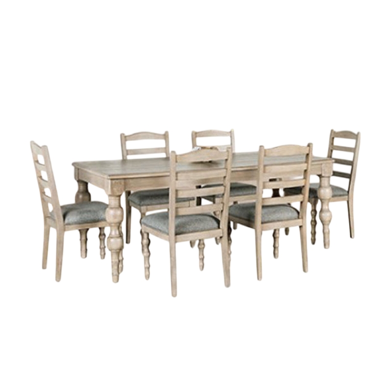 Pemberly Row 7 Piece Dining Table Set Turned Legs 6 Fabric Chairs Light Brown