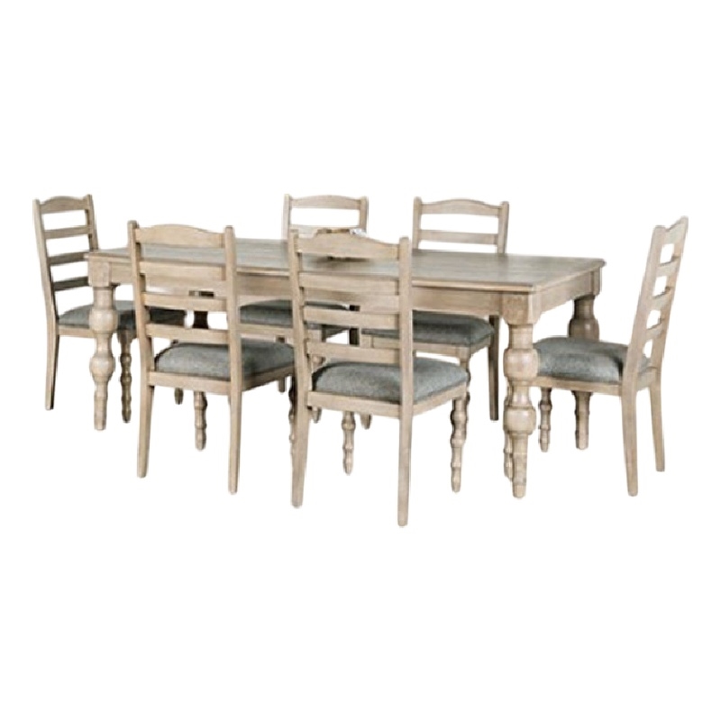 Pemberly Row 7 Piece Dining Table Set Turned Legs 6 Fabric Chairs Light Brown