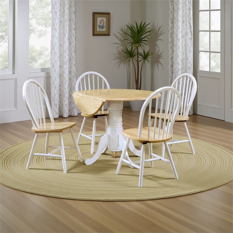Pemberly Row Round Dining Table and 4 Chairs Set Drop Leaf in White and Brown