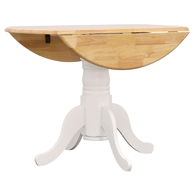 Pemberly Row Round Dining Table and 4 Chairs Set Drop Leaf in White and Brown