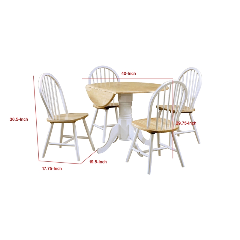 Pemberly Row Round Dining Table and 4 Chairs Set Drop Leaf in White and Brown