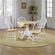 Pemberly Row Round Dining Table and 4 Chairs Set Drop Leaf in White and Brown