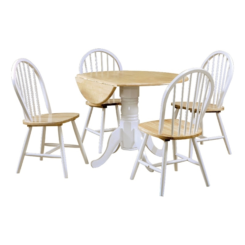 Pemberly Row Round Dining Table and 4 Chairs Set Drop Leaf in White and Brown