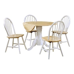 Pemberly Row Round Dining Table and 4 Chairs Set Drop Leaf in White and Brown