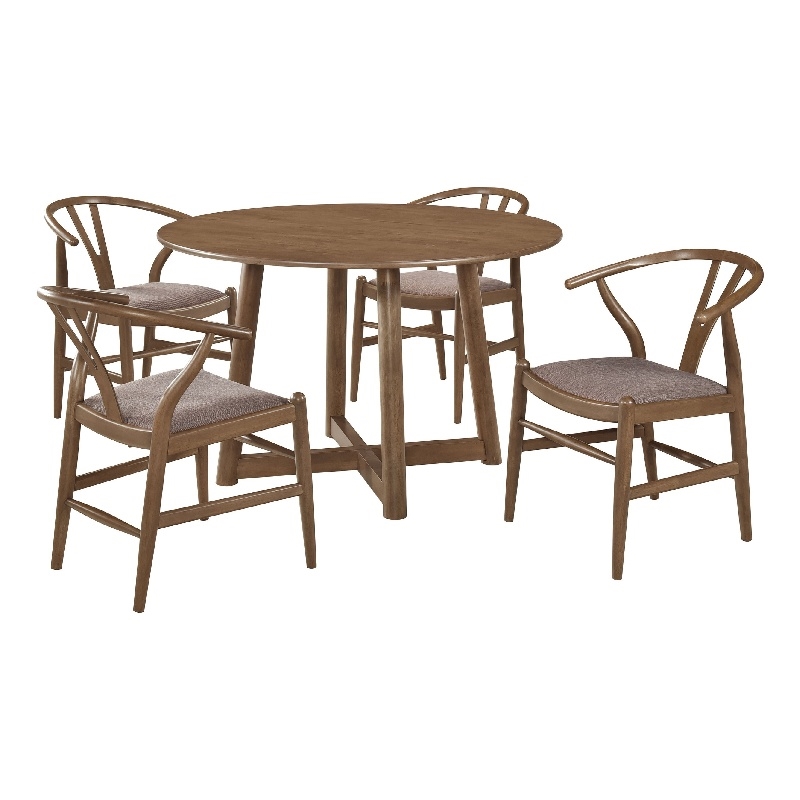 Pemberly Row 5 Pc Dining Table and 4 Chair Set Open Curved Back in Walnut Brown