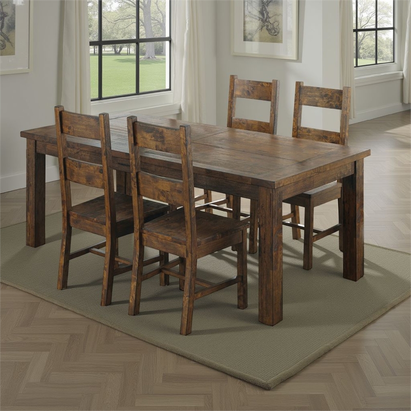 Pemberly Row 5 Piece Dining Table Set in Golden Brown 4 Side Chairs Beige Seats